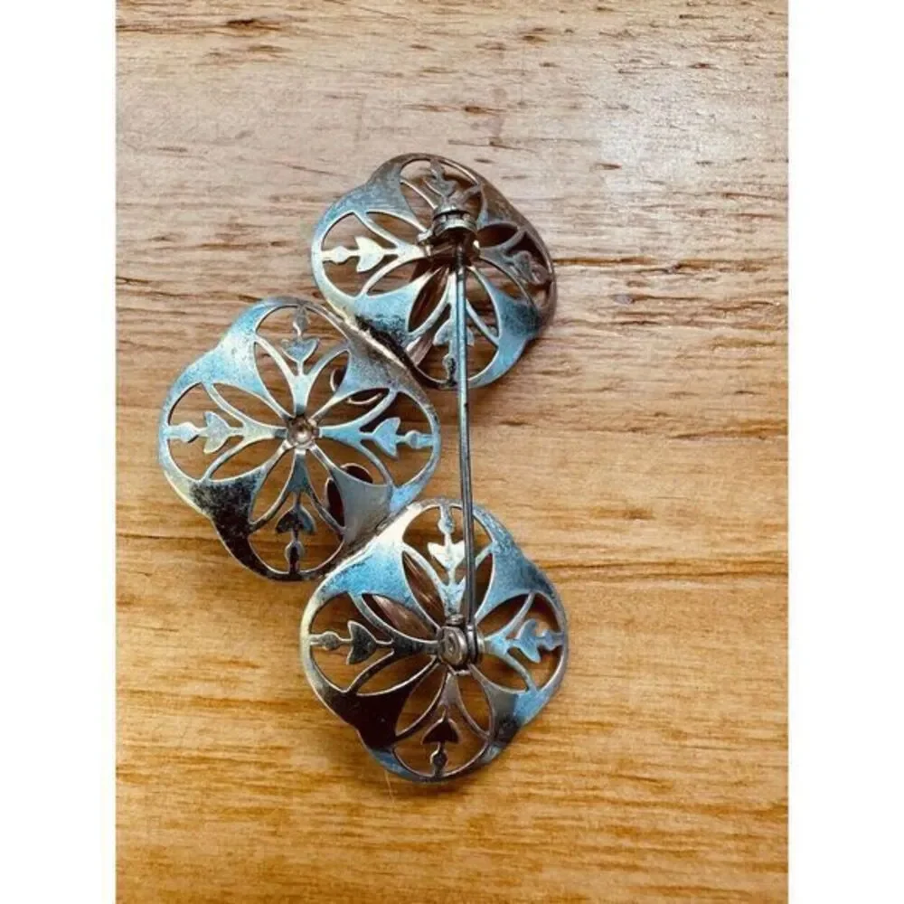 Vintage Sterling Silver Hand Painted‎ Flower Pin Brooch With Screw back Earrings